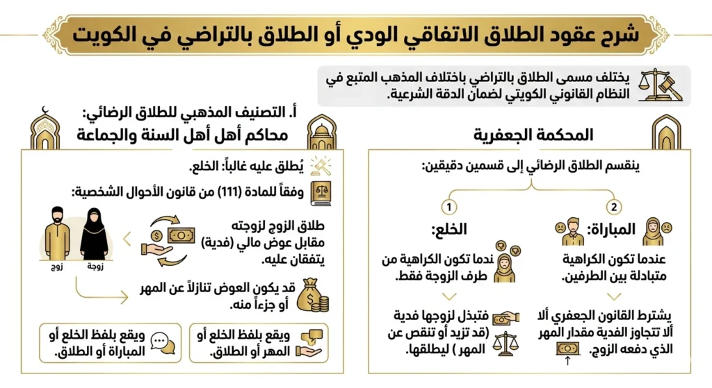 تعريف الطلاق الاتفاقي الودي في الكويت، الفرق بين النوع السني والجعفري