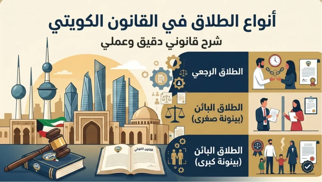 في المادة 98 من قانون الأحوال الشخصية الكويتي، فالطلاق نوعان فقط: طلاق رجعي: لا يزيل الزوجية قبل مضي العدة. طلاق بائن: يزيل الزوجية في الحال.