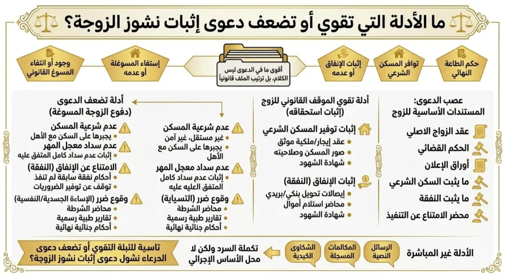 الأدلة التي تقوي أو تضعف دعوى إثبات نشوز الزوجة، أقوى ما في الدعوى ليس الكلام، بل ترتيب الملف.