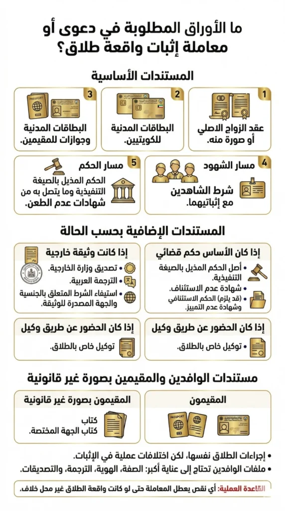 الأوراق والمستندات المطلوبة لدعوى إثبات واقعة طلاق في الكويت
