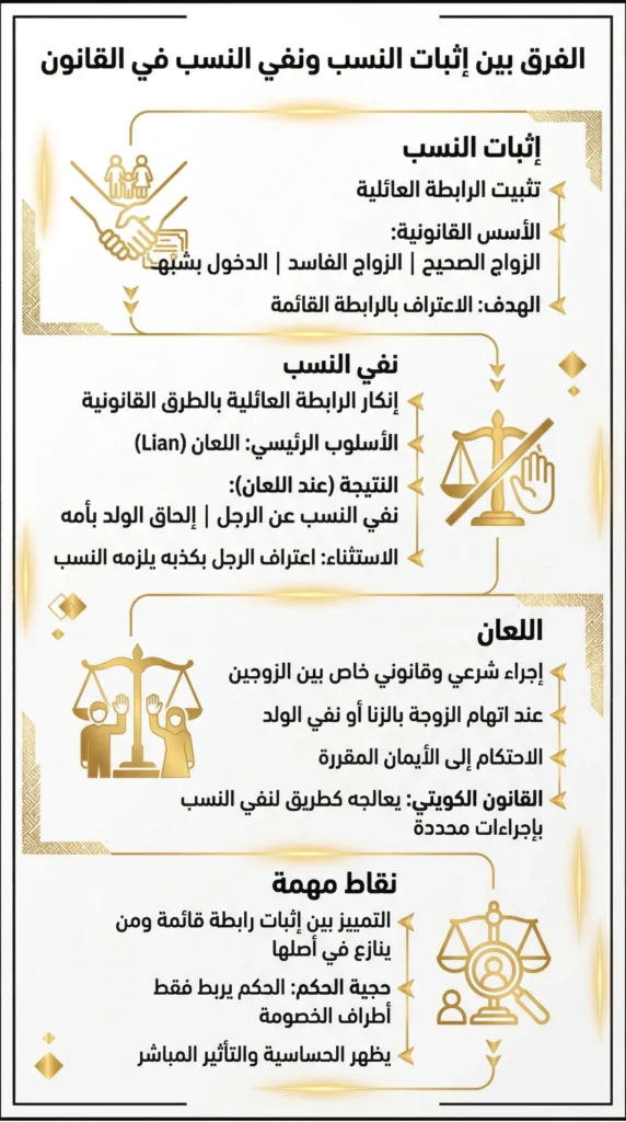 الفرق القانوني بين دعوى إثبات النسب ودعوى نفي النسب في القانون الكويتي