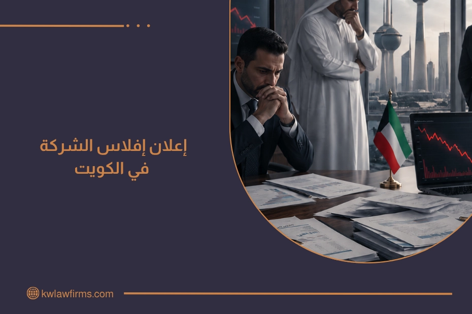 إعلان إفلاس الشركة في الكويت مع أوراق قانونية وأسهم مالية متراجعة توضح تعثر الشركة وبدء إجراءات الإفلاس.