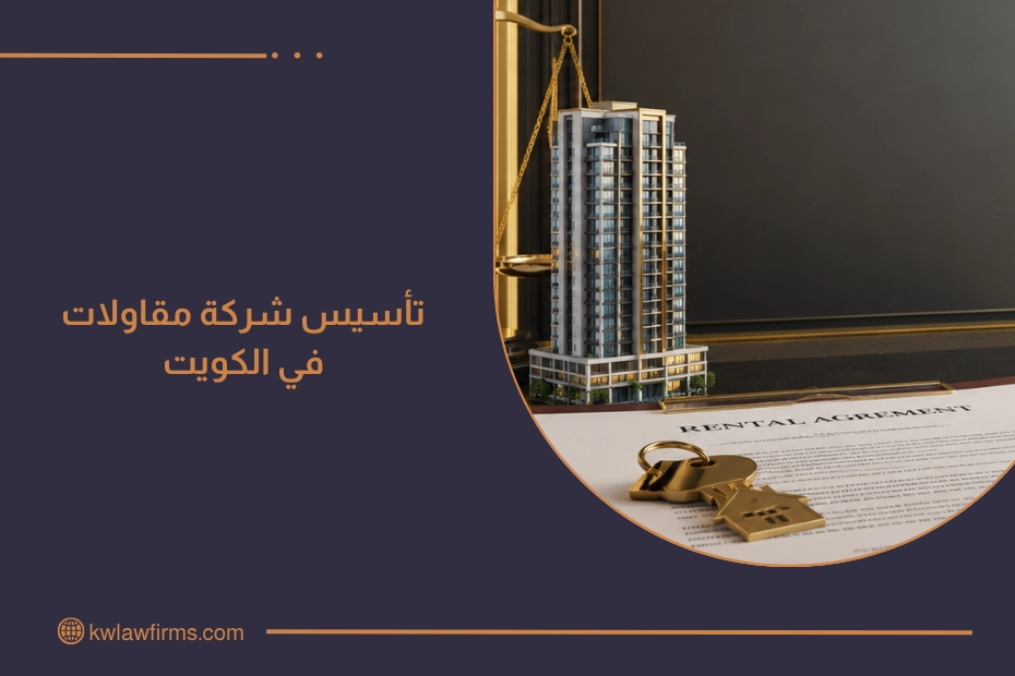 إجراءات تأسيس شركة مقاولات في الكويت مع مفتاح وعقد قانوني يرمزان إلى بدء النشاط التجاري بشكل نظامي