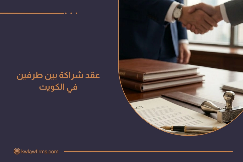 عقد شراكة بين طرفين في الكويت داخل مكتب محاماة مع عقد قانوني يرمز إلى تنظيم الشراكة