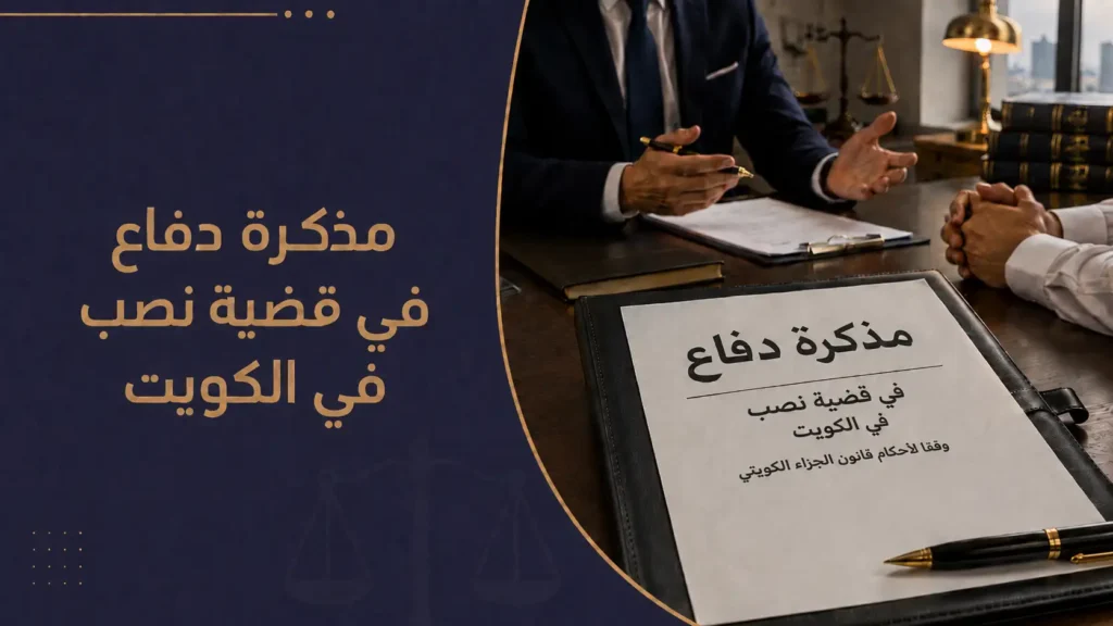 صورة بارزة لمقال مذكرة دفاع في قضية نصب في الكويت، تضم مستند مذكرة دفاع داخل مكتب محاماة.